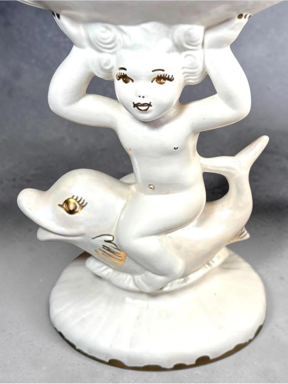 Vintage Holland Mold Ceramic Cherub Riding Dolphin Shell Dish Soap Trinket 8